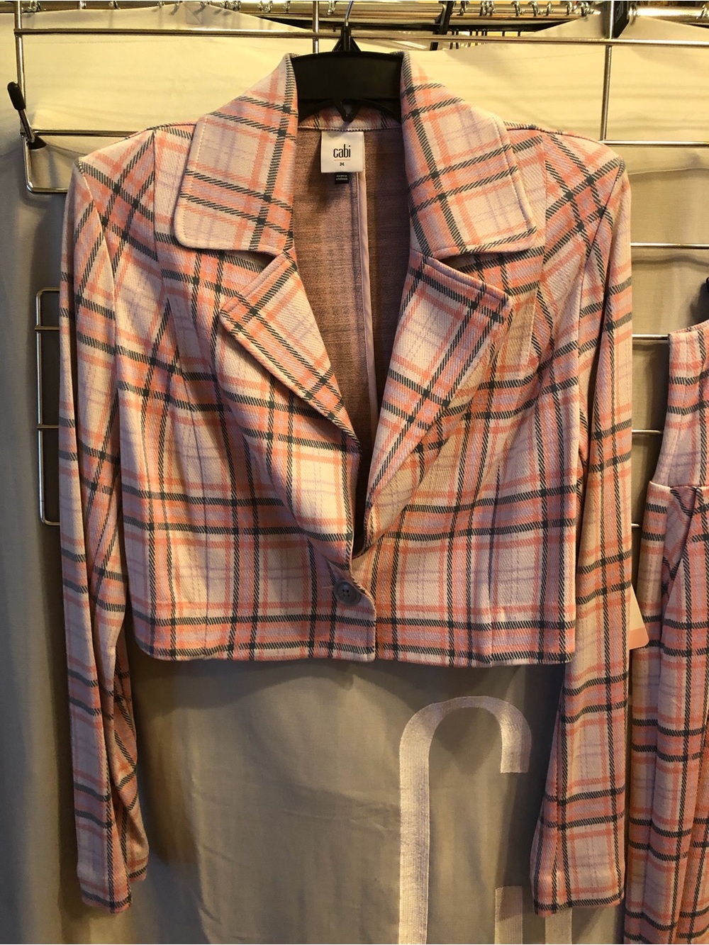 CAbi Pink Plaid Cropped Blazer Jacket with Multi-Striped Accents